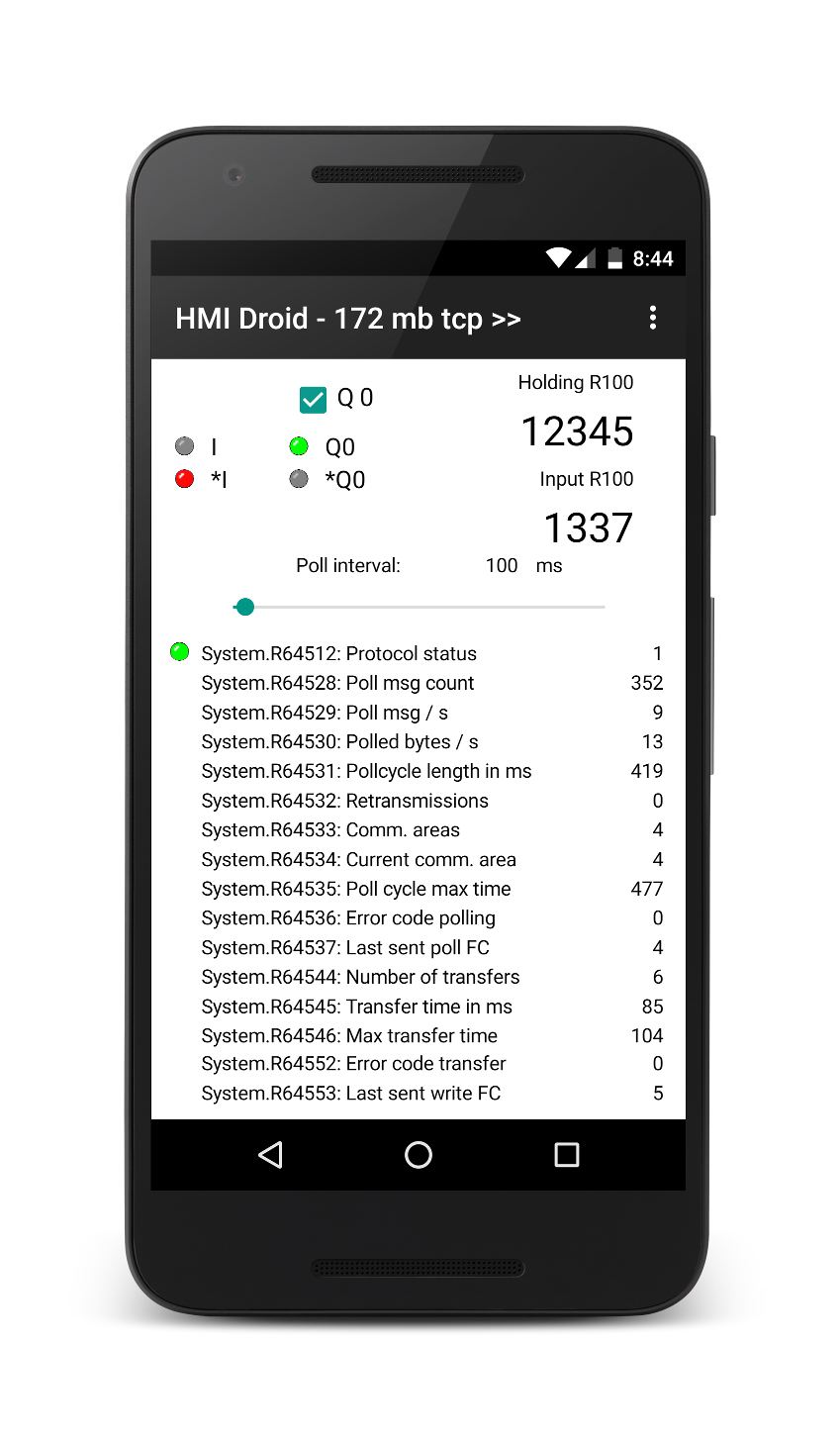 HMI Droid Modbus System registers example