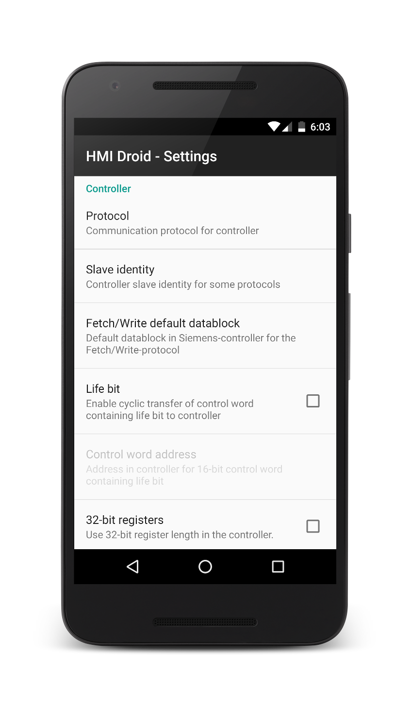 HMI Droid - Settings for controller