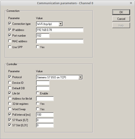 HMI Droid Studio - Communication parameters for the panel (page)