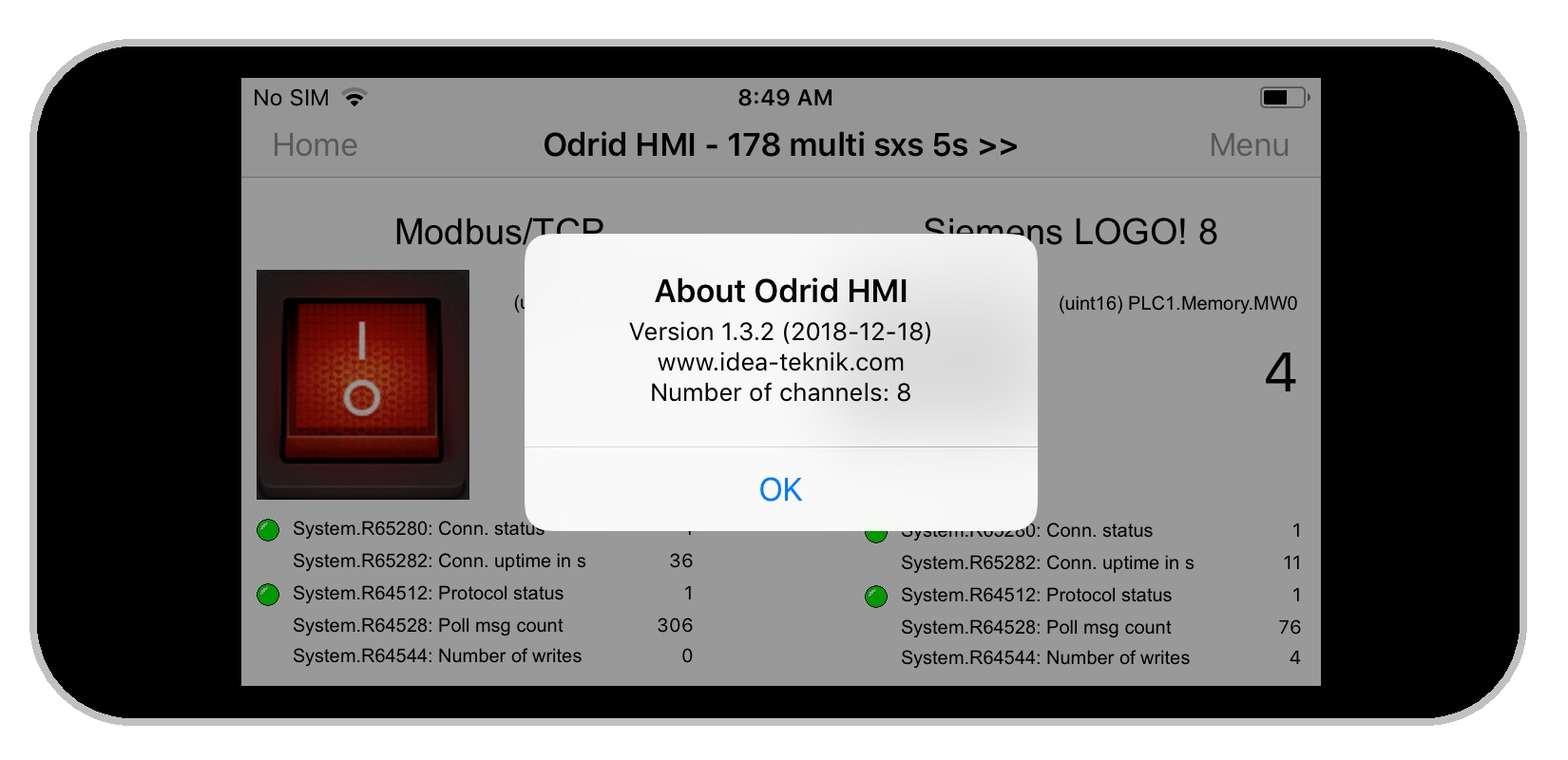 Odrid HMI 1.3.2 on an Iphone 5s
