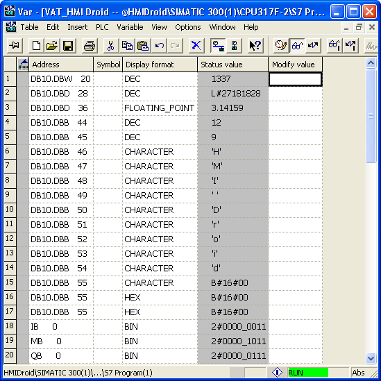 Siemens Step 7 VAT variable table