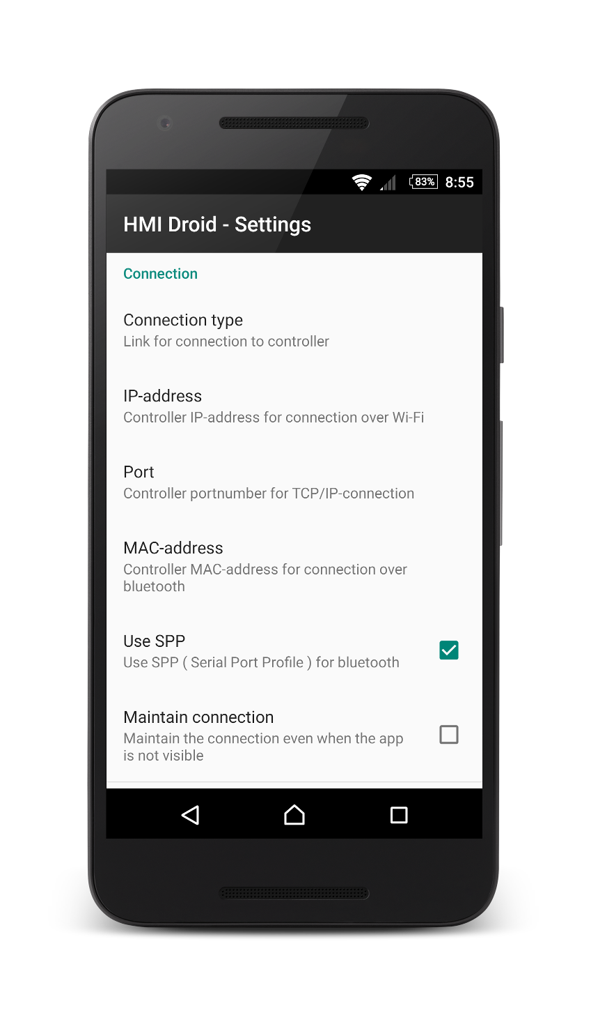 HMI Droid - Settings for connection